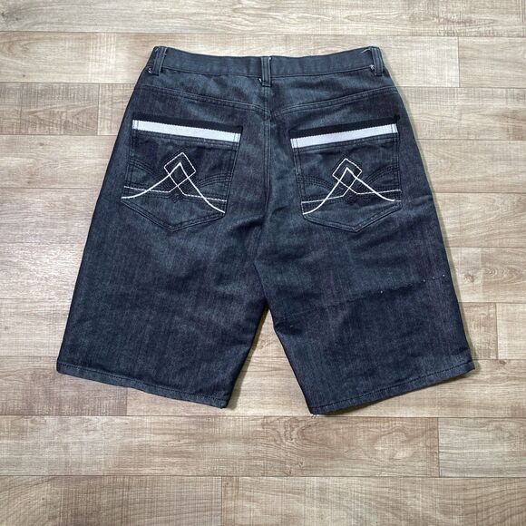 Y2K Red Ape Baggy Denim Shorts Mens 36 Dark Wash Black Jorts Embroidered - Picture 1 of 8